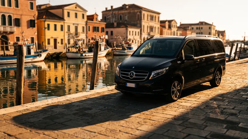 Van Mercedes nero lungo il canale di Chioggia con le barche da pesca