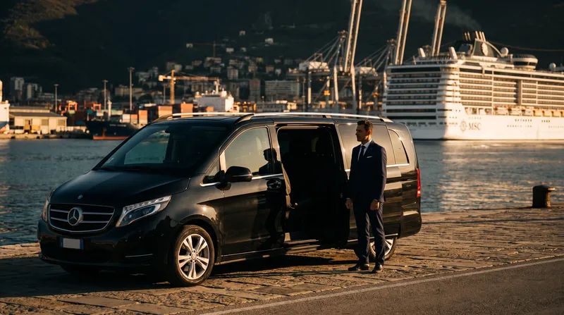 Van Mercedes nero con autista al porto di Trieste con nave da crociera