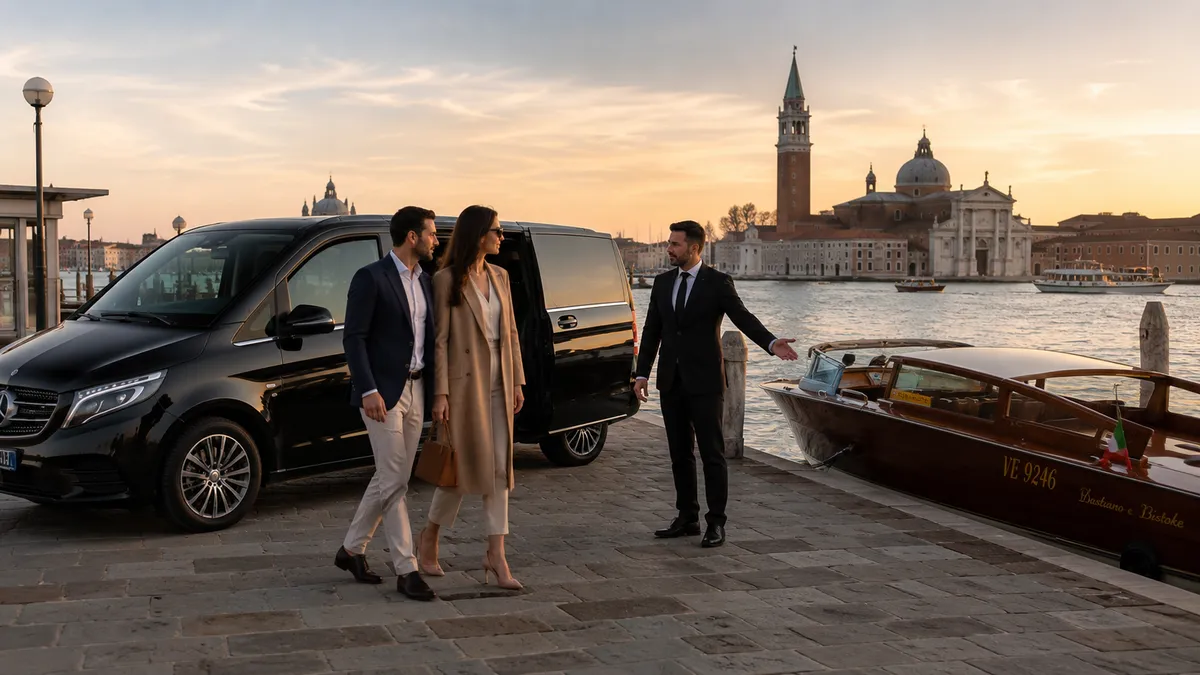 Famiglia accolta dall'autista privato accanto al van Mercedes sul litorale veneziano